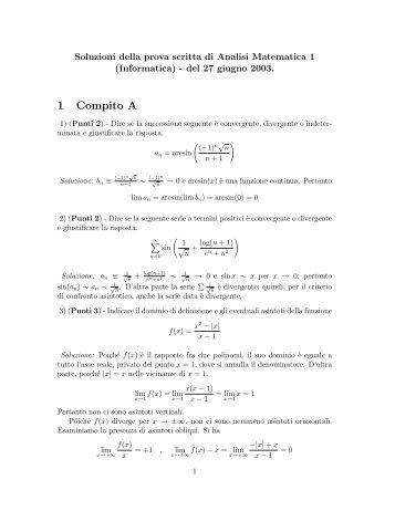 Soluzioni - Dipartimento di Matematica