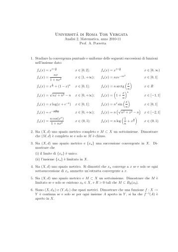 Esercizi su convergenza uniforme e spazi metrici. - Dipartimento di ...