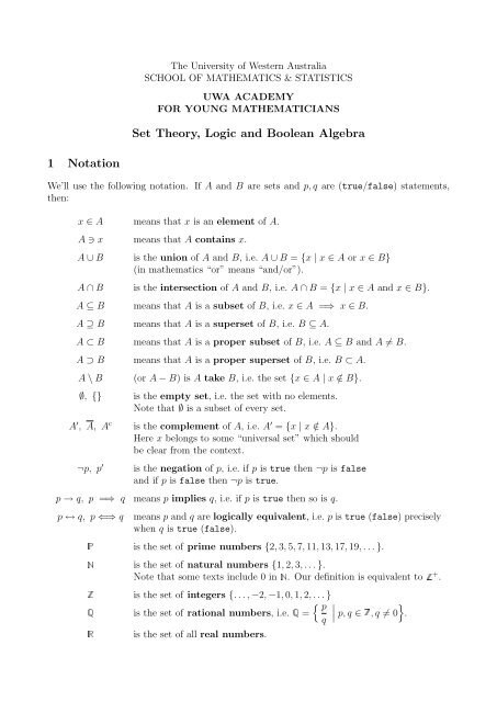 Set Theory, Logic and Boolean Algebra 1 Notation - The University ...