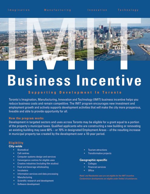 Toronto Incentive Enhanced IMIT Business Incentives: Overview - Invest Toronto