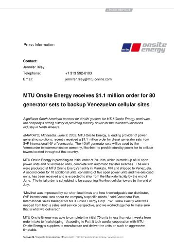 MTU Onsite Energy receives $1.1 million order for 80 (PDF, 49 KB)