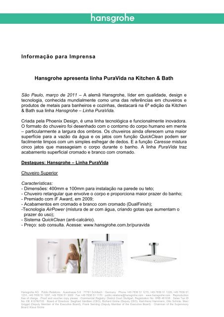 Baixe o press release em formato PDF (PDF, 0,2 MB) - Hansgrohe