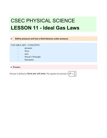 CSEC PHYSICAL SCIENCE LESSON 11 - Ideal Gas Laws