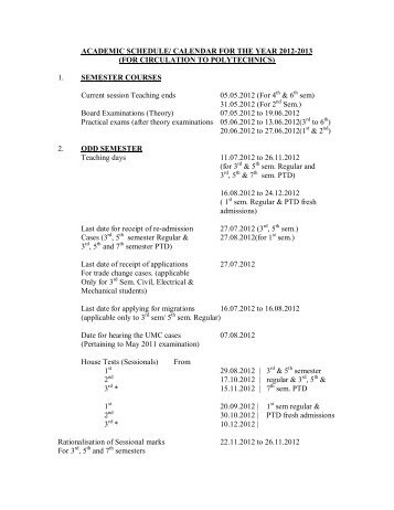 Academic Calendar for the Academic Session 2012-13