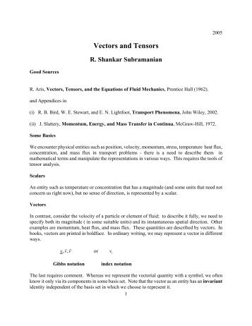 Vectors and Tensors R. Shankar Subramanian - Noppa