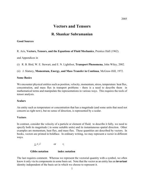 Vectors and Tensors R. Shankar Subramanian - Noppa