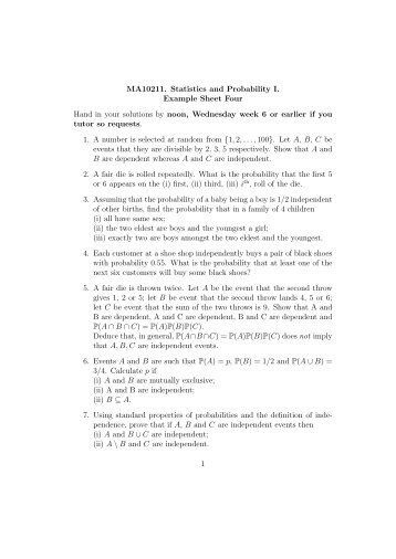MA10211. Statistics and Probability I. Example Sheet Four Hand in ...