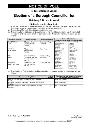 NOTICE OF POLL Election of a Borough Councillor for - Redditch ...