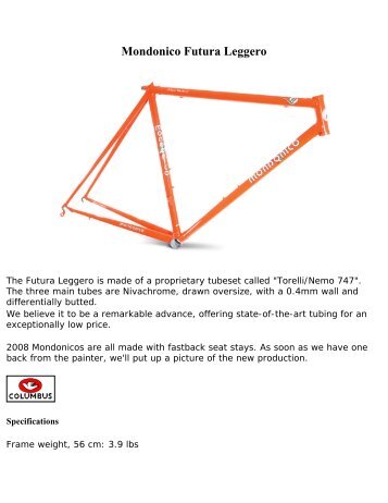 Mondonico Futura Leggero Frame - Smart Bike Parts