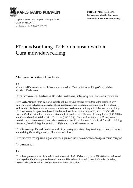 Förbundsordning för Kommunsamverkan Cura ... - Karlshamn