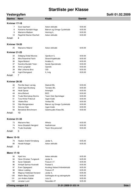 Startliste per Klasse - Skiklubb