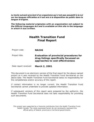 Health Transition Fund Final Report - Projects Listed By Subject Area