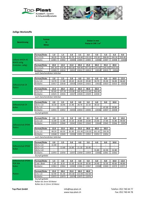 Bruttopreise zellige Werkstoffe - Top-Plast