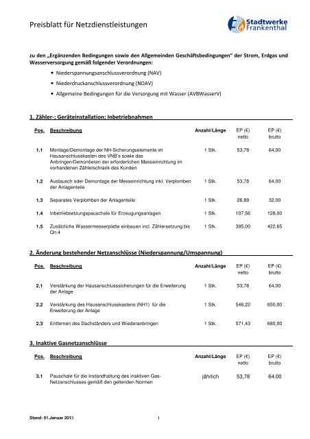 Preisblatt Netzdienstleistungen - Stadtwerke Frankenthal GmbH
