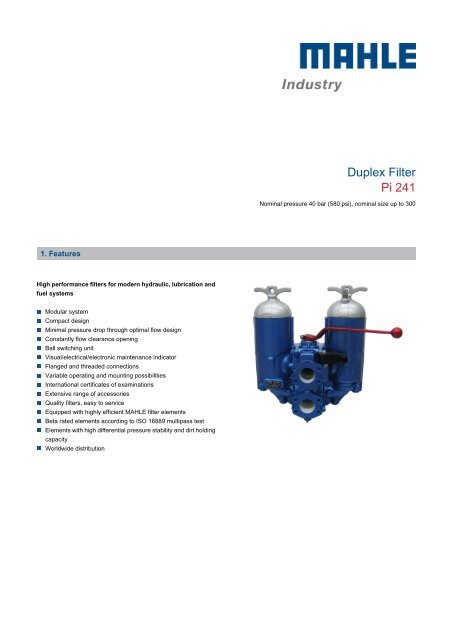 Duplex Filter Pi 241 - MAHLE Industry - Filtration