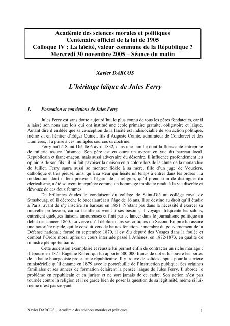 L'hÃ©ritage laÃ¯que de Jules Ferry - AcadÃ©mie des sciences morales et ...