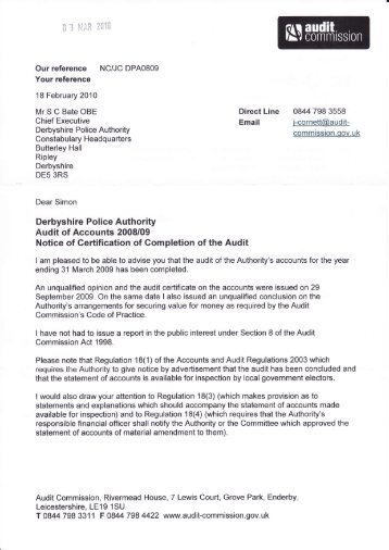 certification of completion of audit 2008-09 - Derbyshire Police ...