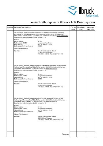 Ausschreibungstexte illbruck Loft Duschsystem