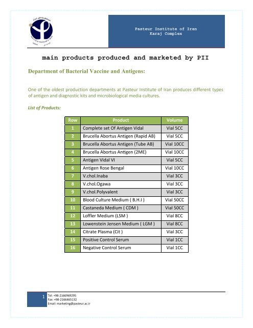main products produced and marketed by PII - Pasteur Institute of Iran