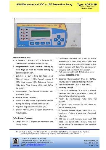 Type: ADR241B ASHIDA Numerical 3OC + 1EF Protection Relay