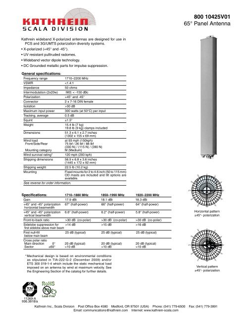 800 10425V01 65Â° Panel Antenna - Kathrein Scala Division