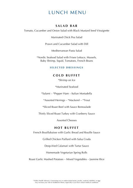 Sample Terrace Cafe Lunch Buffet Menu - Oceania Cruises