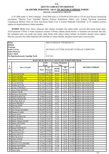 tc artvin Ã§oruh Ã¼niversitesi akademik personel aday Ã¶n ...