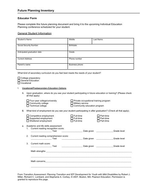 Future Planning Inventory Forms