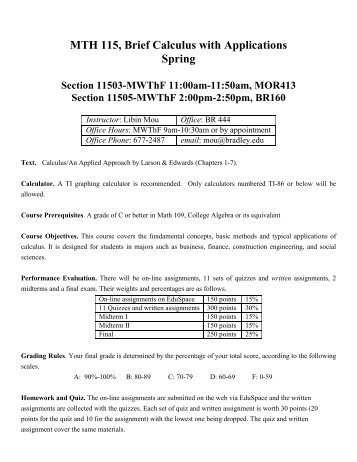MTH 115, Brief Calculus with Applications Spring - Bradley Bradley