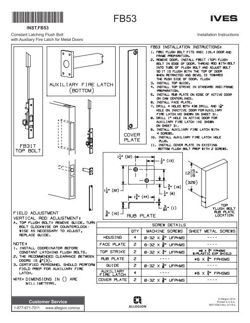 FB53 Constant Latching Flush Bolt with Auxiliary Fire Latch - Ives
