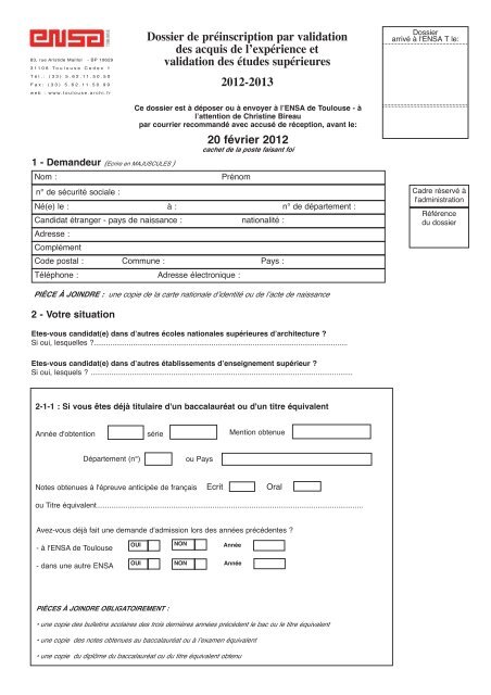Dossier de prÃ©inscription par validation des acquis de l'expÃ©rience ...