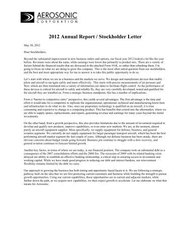 2012 Annual Report / Stockholder Letter - Aerosonic Corporation