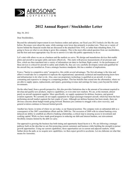 2012 Annual Report / Stockholder Letter - Aerosonic Corporation