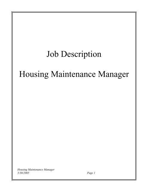 Job Description Housing Maintenance Manager