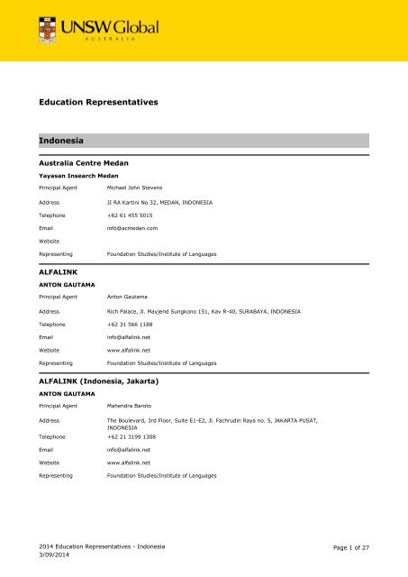 Education Representatives - Indonesia - UNSW Global Pty Limited