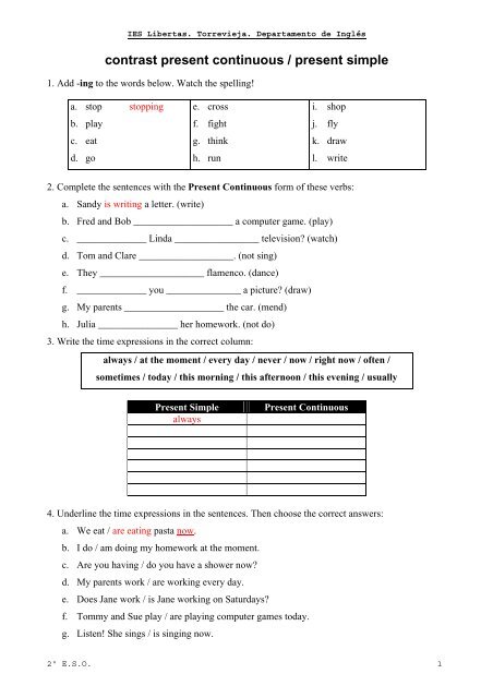 Present Simple Vs Present Continuous 1 Exercises Present Simple Vs