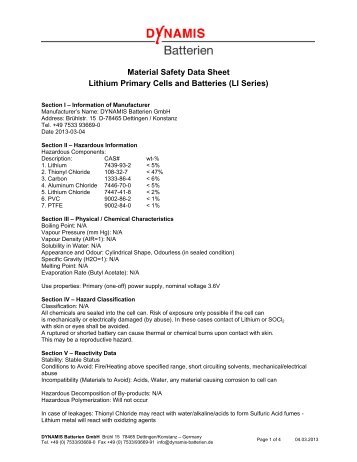 Material Safety Data Sheet Lithium Primary Cells and Batteries (LI ...