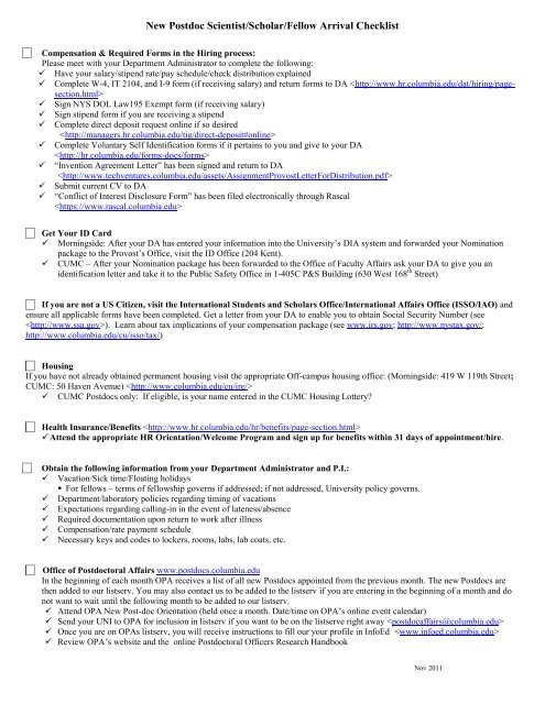 New Postdoc Arrival Checklist for Postdocs - Office of Postdoctoral ...
