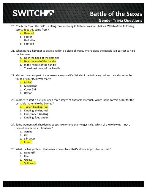 battle of the sexes questions pdf