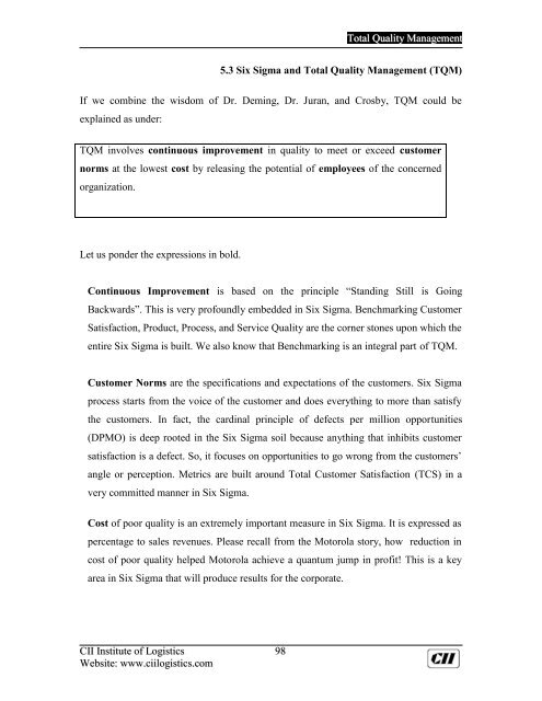 Total Quality Management - CII Institute of Logistics