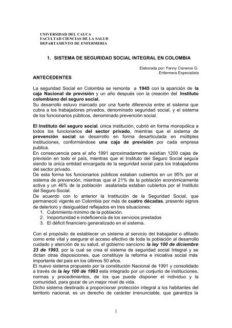 SISTEMA SEGURIDAD SOCIAL COLOMBIA - Universidad del Cauca