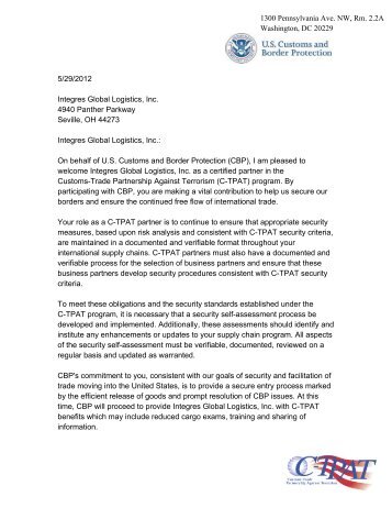 CTPAT Primary Letter of Certification
