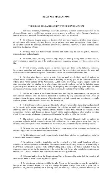 rules and regulations of the grand bellagio at baywatch condominium