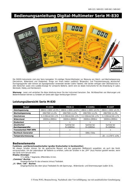 Bedienungsanleitung Digital-Multimeter Serie M-830 - LED-Tech