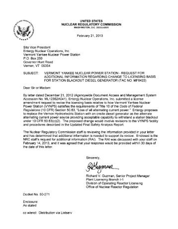 3-1-2013 Letter from NRC to VY Requesting ... - State of Vermont