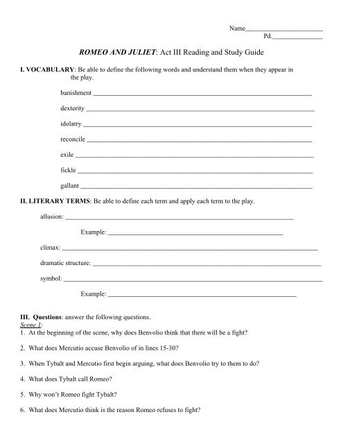 ROMEO AND JULIET Act III Reading And Study Guide ROMEO AND JULIET Act III Reading And Study Guide