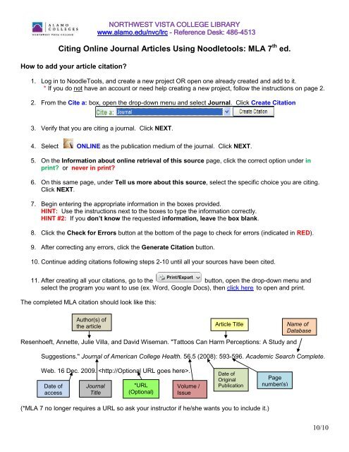 Citing Sources Using NoodleTools: MLA - Alamo Colleges