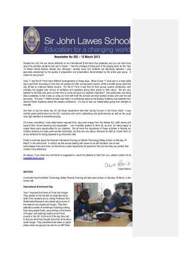 End of Term Newsletter - Sir John Lawes School