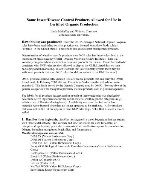 Some Insect/Disease Control Products Allowed for Use in Certified ...