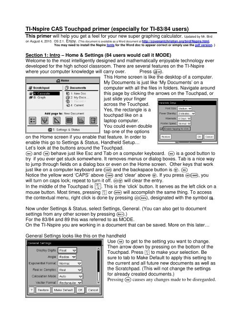 TI-Nspire CAS Touchpad primer - Covenant Christian High School